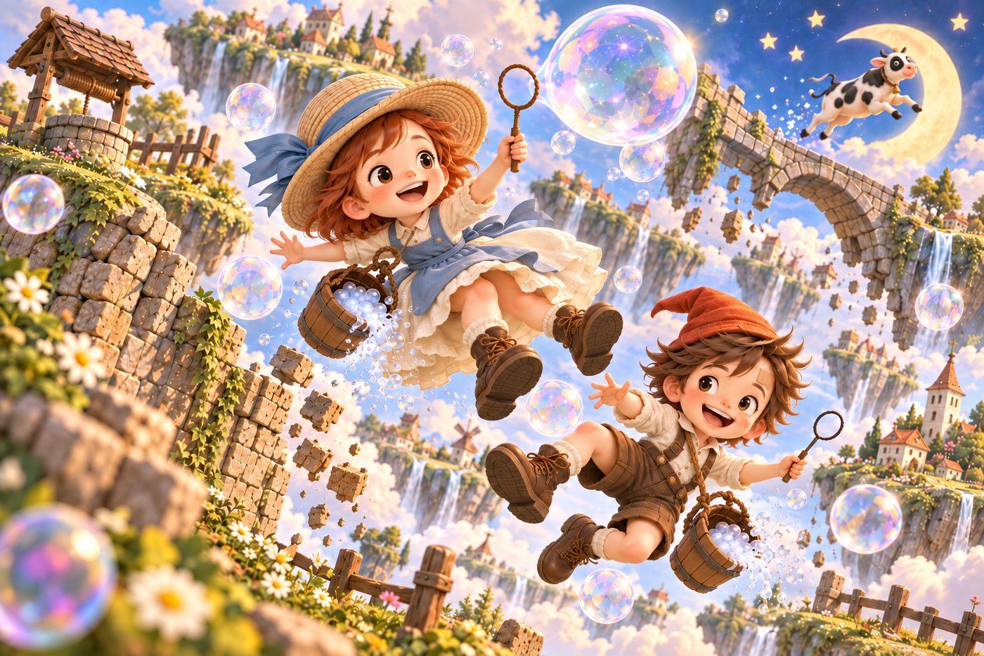 キービジュアル。麦わら帽子のジルと赤い帽子のジャックが、シャボン杖を手に浮島のあいだを落ちていく